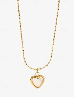 Women's Titanium Steel Heart Pendant Necklace with Shell Inlay - Adjustable Chain - Lightweight
