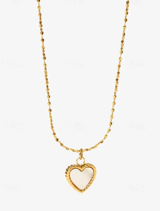 Women's Titanium Steel Heart Pendant Necklace with Shell Inlay - Adjustable Chain - Lightweight