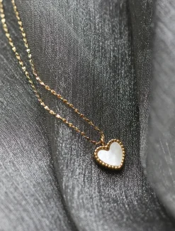 Women's Titanium Steel Heart Pendant Necklace with Shell Inlay - Adjustable Chain - Lightweight