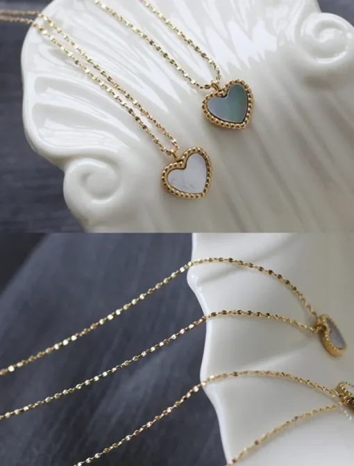 Women's Titanium Steel Heart Pendant Necklace with Shell Inlay - Adjustable Chain - Lightweight
