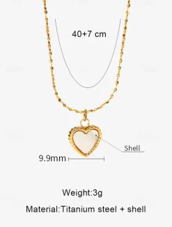 Women's Titanium Steel Heart Pendant Necklace with Shell Inlay - Adjustable Chain - Lightweight
