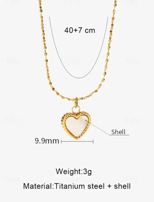 Women's Titanium Steel Heart Pendant Necklace with Shell Inlay - Adjustable Chain - Lightweight