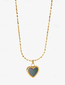 Women's Titanium Steel Heart Pendant Necklace with Shell Inlay - Adjustable Chain - Lightweight