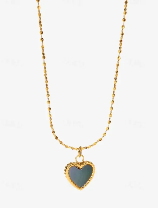 Women's Titanium Steel Heart Pendant Necklace with Shell Inlay - Adjustable Chain - Lightweight