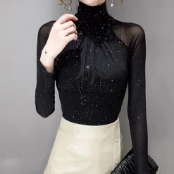 Women's Top Latin Dance Ballroom Dance Top Ruching Pure Color Splicing Women's Performance Training Long Sleeve Polyester