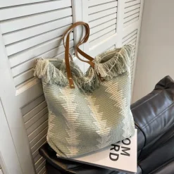 Women's Tote Shoulder Bag Hobo Bag Boho Bohemia Canvas PU Leather Holiday Beach Buckle Breathable Multi Carry Solid Color Black Light Green Khaki
