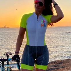 Women's Triathlon Tri Suit Short Sleeve Mountain Bike MTB Road Bike Cycling Black Green Orange Rainbow Patchwork Bike Clothing Suit Breathable Quick Dry Back Pocket Sweat wicking Spandex Sports