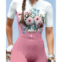 Women's Triathlon Tri Suit Short Sleeve Mountain Bike MTB Road Bike Cycling Pink Graphic Floral Botanical Bike Breathable Quick Dry Ultraviolet Resistant Spandex Sports Graphic Plants Floral Botanical