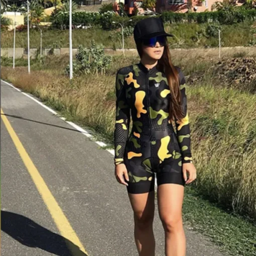 Women's Triathlon Tri Suit Long Sleeve Mountain Bike MTB Road Bike Cycling Violet Pink+White Camouflage Blue Bike Breathable Quick Dry Sports Clothing Apparel