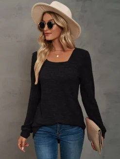 Women's Tunic Cotton Shirt Plain Bohemia Stylish Basic Long Sleeve Puff Sleeve Square Neck Regular Tops Daily Sports Going out Black Pink Purple Green Khaki Spring Fall