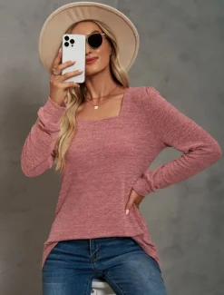 Women's Tunic Cotton Shirt Plain Bohemia Stylish Basic Long Sleeve Puff Sleeve Square Neck Regular Tops Daily Sports Going out Black Pink Purple Green Khaki Spring Fall