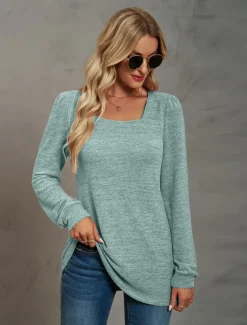 Women's Tunic Cotton Shirt Plain Bohemia Stylish Basic Long Sleeve Puff Sleeve Square Neck Regular Tops Daily Sports Going out Black Pink Purple Green Khaki Spring Fall
