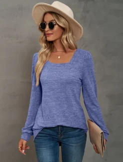 Women's Tunic Cotton Shirt Plain Bohemia Stylish Basic Long Sleeve Puff Sleeve Square Neck Regular Tops Daily Sports Going out Black Pink Purple Green Khaki Spring Fall