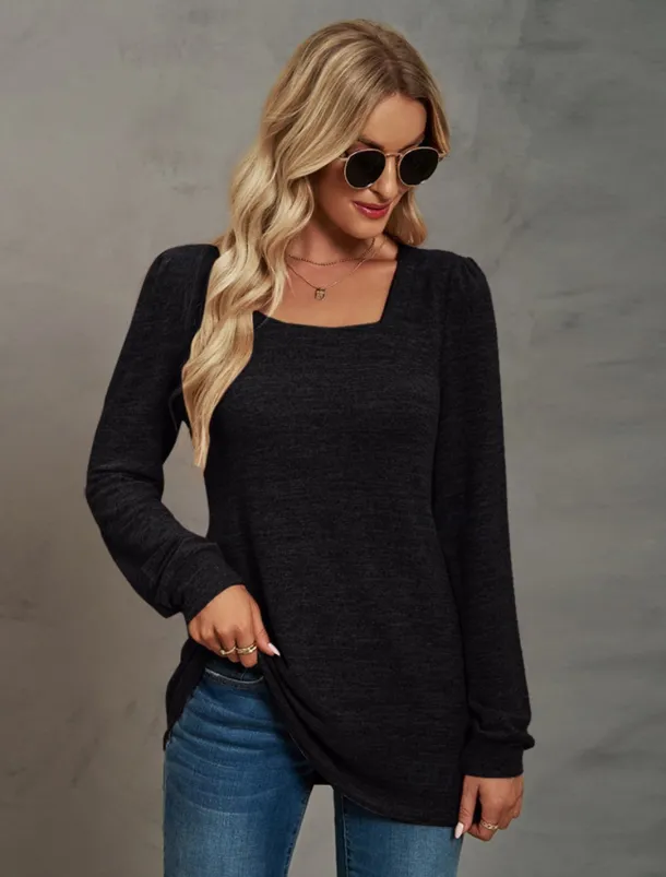 Women's Tunic Cotton Shirt Plain Bohemia Stylish Basic Long Sleeve Puff Sleeve Square Neck Regular Tops Daily Sports Going out Black Pink Purple Green Khaki Spring Fall