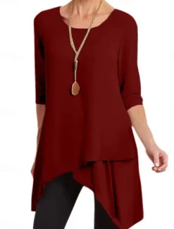 Women's Tunic Long Sleeve Crew Neck Red Blue Khaki Spring Fall