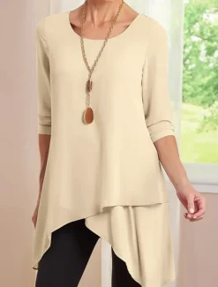Women's Tunic Long Sleeve Crew Neck Red Blue Khaki Spring Fall