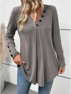 Women's Tunic Long Sleeve V Neck Buttons Gray Spring Fall Winter