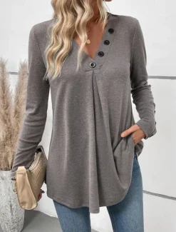 Women's Tunic Long Sleeve V Neck Buttons Gray Spring Fall Winter