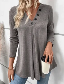 Women's Tunic Long Sleeve V Neck Buttons Gray Spring Fall Winter