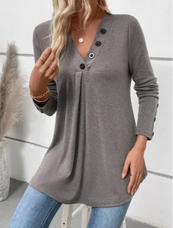 Women's Tunic Long Sleeve V Neck Buttons Gray Spring Fall Winter