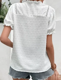 Women's Tunic Plain Daily Stylish Short Sleeve Puff Sleeve V Neck Regular Tops Vacation Daily Lace White Summer Spring Fall