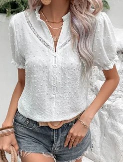 Women's Tunic Plain Daily Stylish Short Sleeve Puff Sleeve V Neck Regular Tops Vacation Daily Lace White Summer Spring Fall