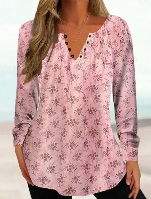 Women's Tunic Shirt Henley Shirt Blouse Tunic Basic Floral Buttons Print Long Sleeve Regular Tops Round Neck Casual Holiday Yellow Pink Green Gray Light Blue Spring & Fall Prefall