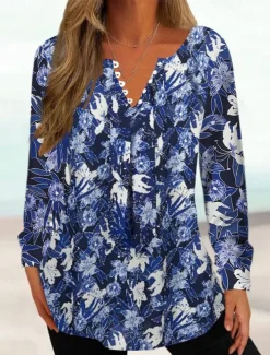 Women's Tunic Shirt Henley Shirt Blouse Tunic Basic Floral Buttons Print Long Sleeve Regular Tops Round Neck Casual Holiday Blue Fuchsia Brown Khaki Spring Fall Prefall