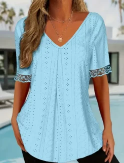 Women's Tunic Solid Color Plain Elegant Vintage Fashion Short Sleeve V Neck Regular Tops Daily Weekend Lace Pink Blue Summer Spring