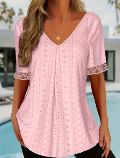 Women's Tunic Solid Color Plain Elegant Vintage Fashion Short Sleeve V Neck Regular Tops Daily Weekend Lace Pink Blue Summer Spring