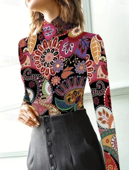 Women's Tunic T Shirt Elegant Bohemia Vintage Long Sleeve Regular Tops Turtleneck Vacation Going out Red Fall Winter Prefall