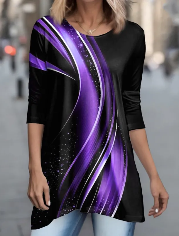 Women's Tunic T Shirt Geometric Basic Long Sleeve Round Neck Long Tops Daily Weekend Print Flowing tunic Pink Blue Purple Green Gray Spring & Fall