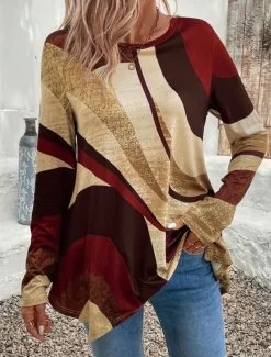 Women's Tunic T Shirt Geometric Casual Long Sleeve Crew Neck Regular Tops Daily Print Asymmetrical Brown Spring & Fall