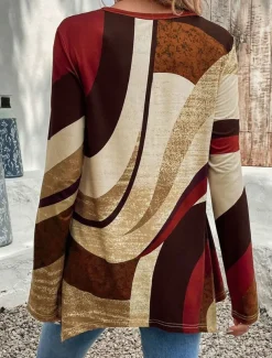 Women's Tunic T Shirt Geometric Casual Long Sleeve Crew Neck Regular Tops Daily Print Asymmetrical Brown Spring & Fall