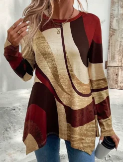 Women's Tunic T Shirt Geometric Casual Long Sleeve Crew Neck Regular Tops Daily Print Asymmetrical Brown Spring & Fall