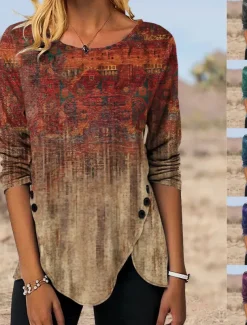 Women's Tunic T Shirt Graphic Vintage Tunic Ethnic Long Sleeve Round Neck Regular Tops Holiday Weekend Print Maroon Blue Green Gray Fall & Winter