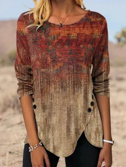 Women's Tunic T Shirt Graphic Vintage Tunic Ethnic Long Sleeve Round Neck Regular Tops Holiday Weekend Print Maroon Blue Green Gray Fall & Winter