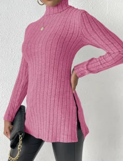 Women's Tunic T Shirt Plain Fashion Modern Casual Long Sleeve Turtleneck Regular Tops Daily Weekend Sky Blue Fuchsia Brown Gray Fall Winter