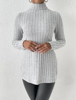 Women's Tunic T Shirt Plain Fashion Modern Casual Long Sleeve Turtleneck Regular Tops Daily Weekend Sky Blue Fuchsia Brown Gray Fall Winter