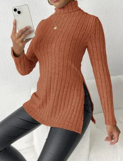 Women's Tunic T Shirt Plain Fashion Modern Casual Long Sleeve Turtleneck Regular Tops Daily Weekend Sky Blue Fuchsia Brown Gray Fall Winter