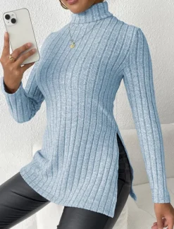 Women's Tunic T Shirt Plain Fashion Modern Casual Long Sleeve Turtleneck Regular Tops Daily Weekend Sky Blue Fuchsia Brown Gray Fall Winter