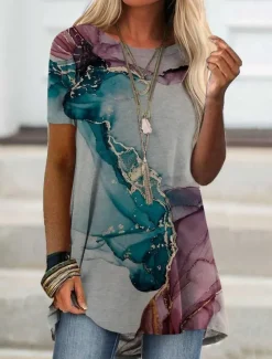 Women's Tunic T Shirt Tie Dye Tunic Basic Short Sleeve Round Neck Long Tops Daily Print Light Green Spring, Fall, Winter, Summer