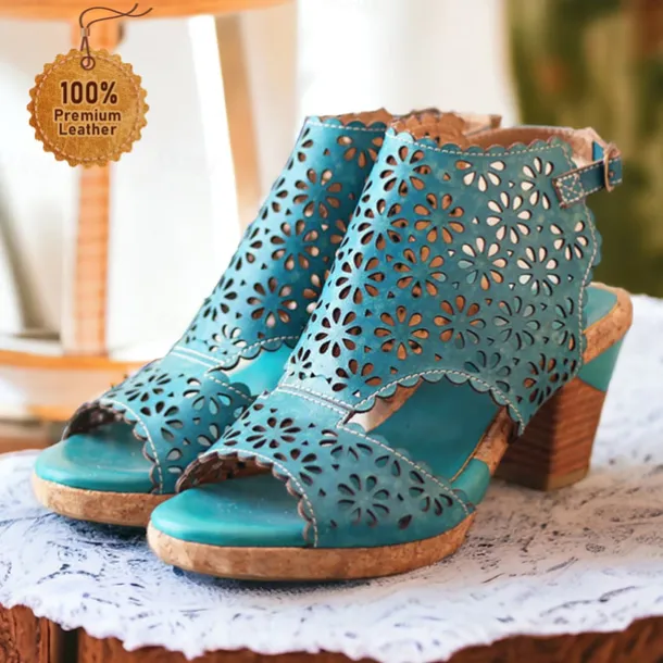 Women's Turquoise Cutout Leather Sandals – Vintage Hollow-Out Chunky Heel Peep-Toe Summer Shoes for Casual & Boho Style