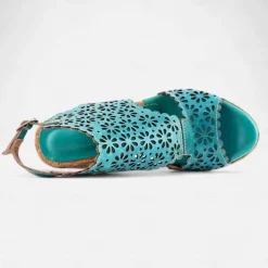 Women's Turquoise Cutout Leather Sandals – Vintage Hollow-Out Chunky Heel Peep-Toe Summer Shoes for Casual & Boho Style