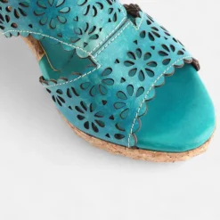 Women's Turquoise Cutout Leather Sandals – Vintage Hollow-Out Chunky Heel Peep-Toe Summer Shoes for Casual & Boho Style