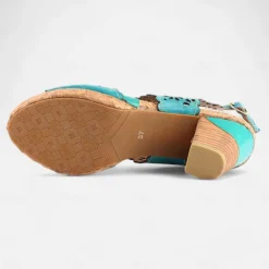 Women's Turquoise Cutout Leather Sandals – Vintage Hollow-Out Chunky Heel Peep-Toe Summer Shoes for Casual & Boho Style