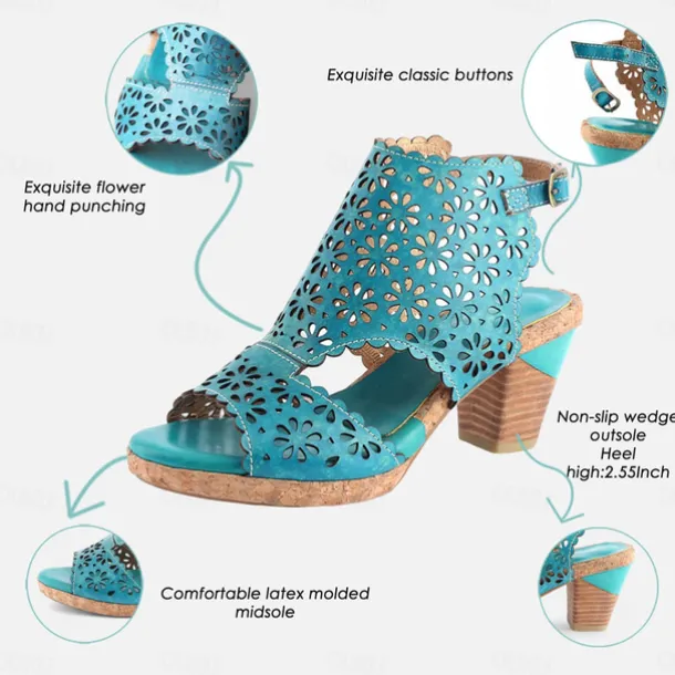 Women's Turquoise Cutout Leather Sandals – Vintage Hollow-Out Chunky Heel Peep-Toe Summer Shoes for Casual & Boho Style