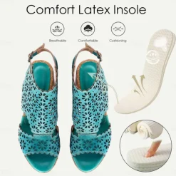 Women's Turquoise Cutout Leather Sandals – Vintage Hollow-Out Chunky Heel Peep-Toe Summer Shoes for Casual & Boho Style
