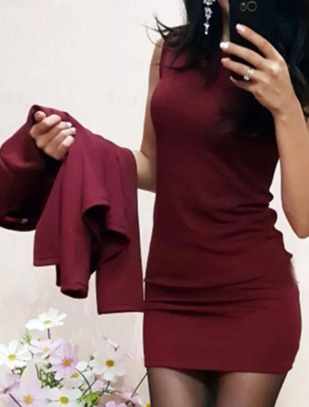 Women's Two Piece Dress Set Work Dress And Jacket Set Sheath Dress Office Work Work Elegant Patchwork Mini Dress Crew Neck Long Sleeve Plain Regular Fit Black Wine Green Summer Spring S M L XL XXL
