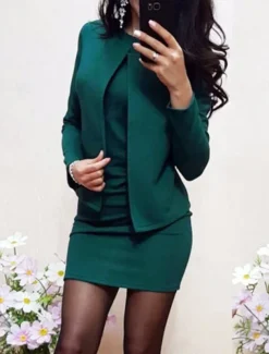 Women's Two Piece Dress Set Work Dress And Jacket Set Sheath Dress Office Work Work Elegant Patchwork Mini Dress Crew Neck Long Sleeve Plain Regular Fit Black Wine Green Summer Spring S M L XL XXL